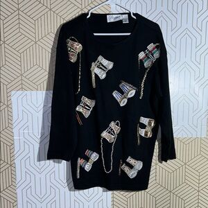 Vintage Glasses Cedars Black Beaded Long Sleeve Top